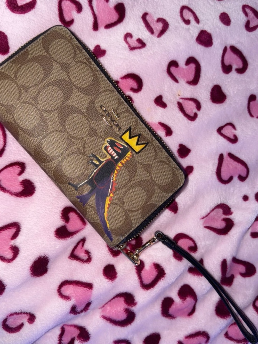 Coach Brown Signature Zip-Around Wristlet with   Jean Michel Basquiat Rexy dino